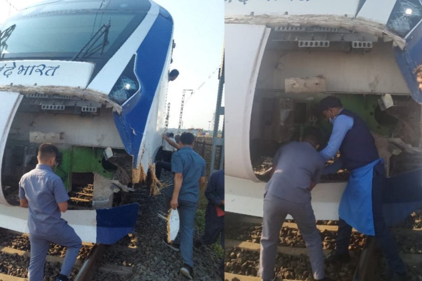 भैंस के बाद अब एक बार फिर वंदे भारत एक्सप्रेस गाय से भिड़ी, ट्रेन का अगला हिस्सा टूटा